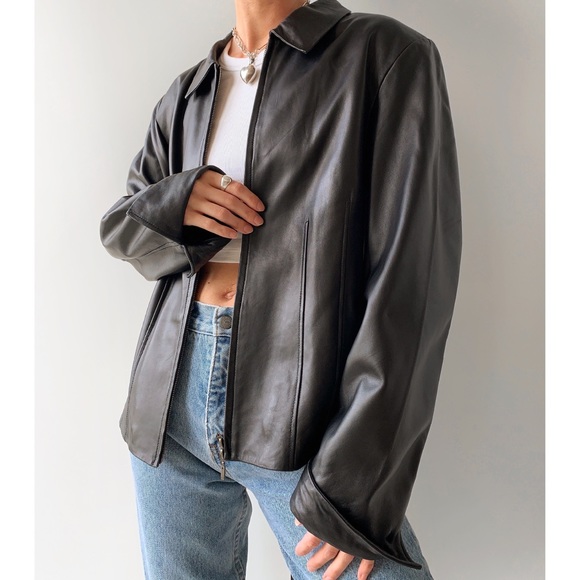 Vintage 90s y2k black leather zip up bomber jacket - Picture 1 of 8